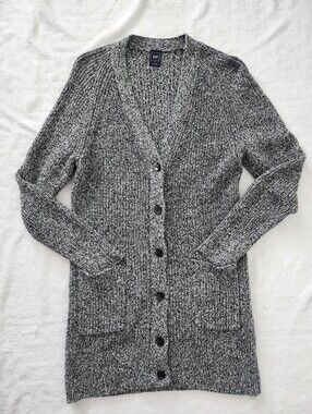 GAP Black White Salt Pepper Chunky Knit Longline Cardigan Sweater Medium Cozy